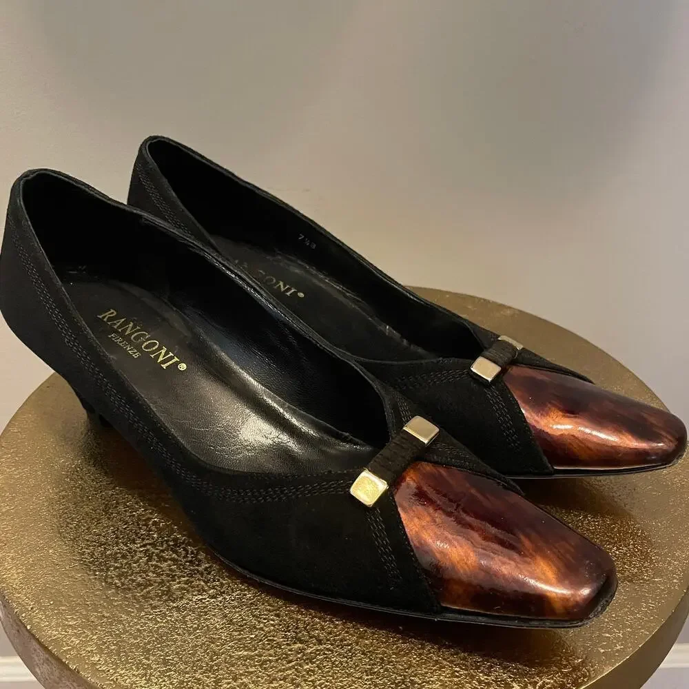 Lanconi Firenze 7.5B Kitten Heels | Black Suede, Tortoiseshell Toe, Rare Vintage